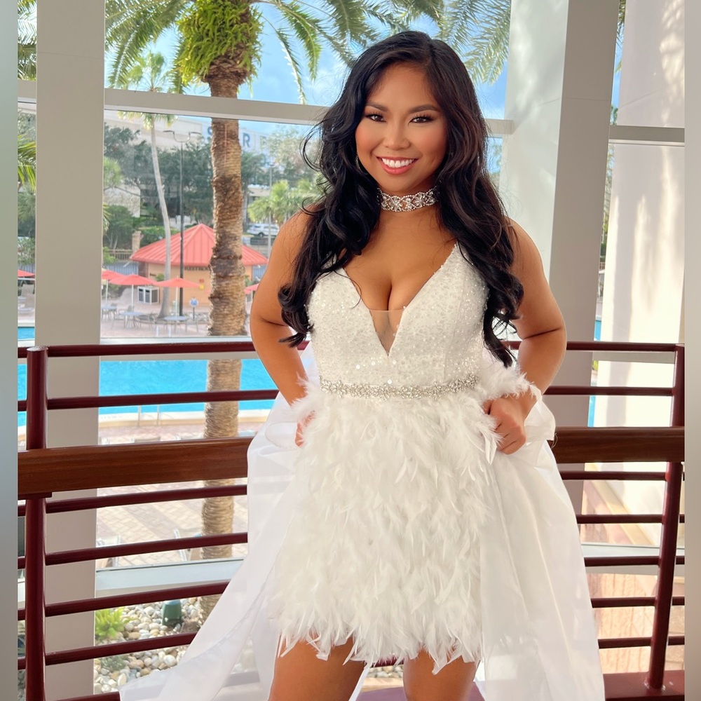 White feathered pageant runway dress with custom cape and collar